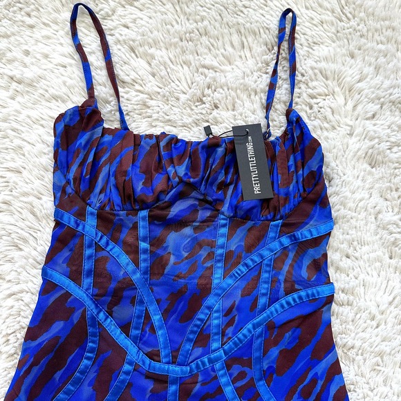 *NWT* Pretty Little Thing Blue Leopard Print Mesh Binding Midaxi Dress Sz S US 4 - Picture 4 of 12